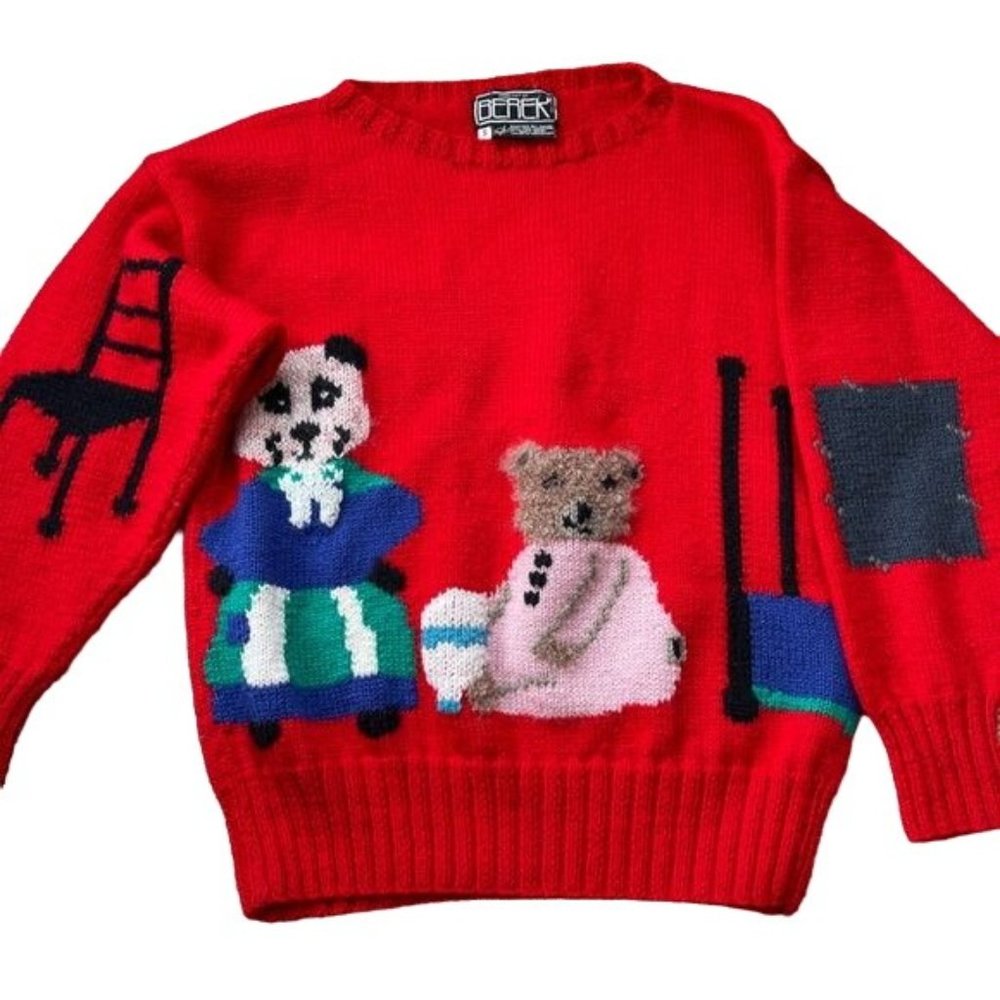 Berek Sweater Goldilocks 3 Bears Wearable Art Red Wool Hand Knit Sz Small VTG